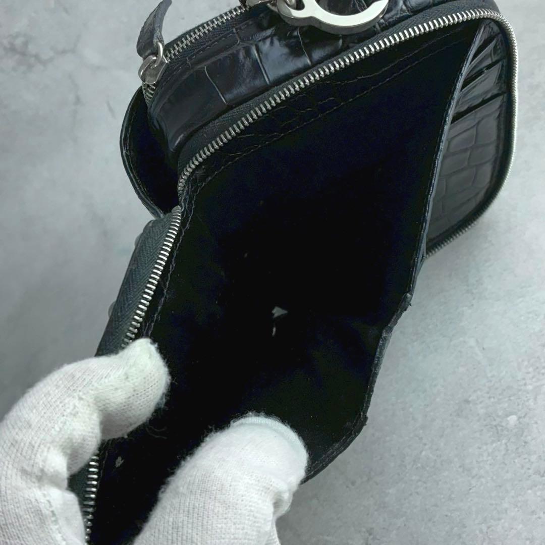 美品★ヴェルサーチ クロコ型押し スタッズ チェーンショルダーウォレット 黒