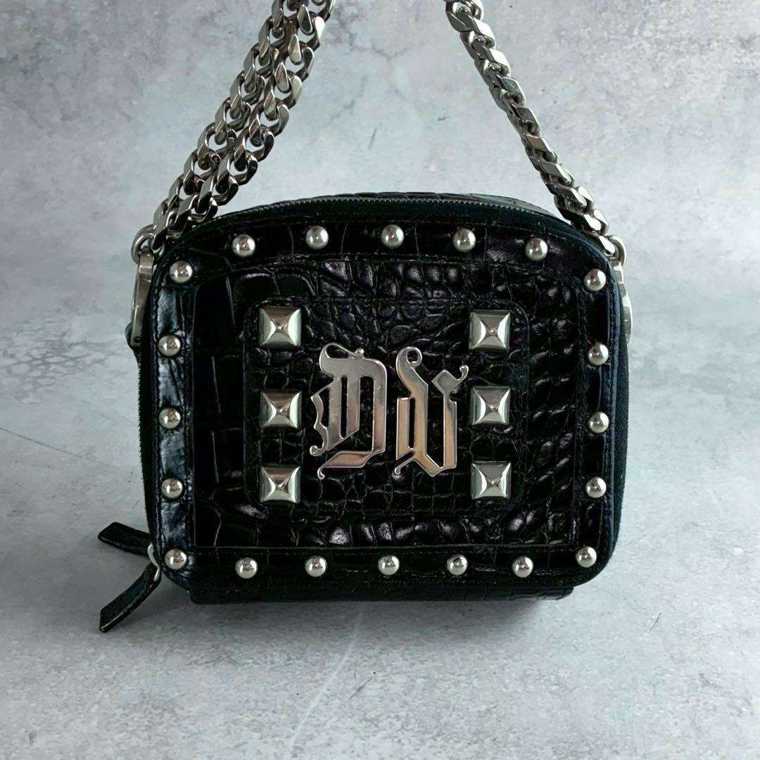 美品★ヴェルサーチ クロコ型押し スタッズ チェーンショルダーウォレット 黒