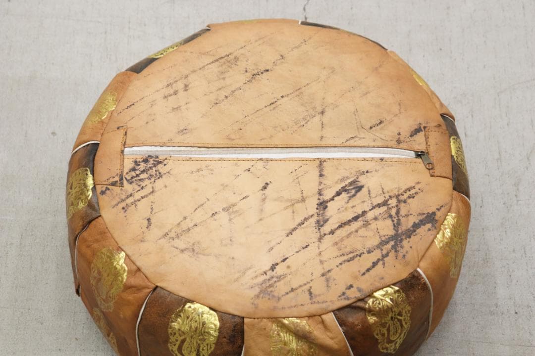 ヴィンテージ エジプト 本革 プフ クッション スツール 円形 座椅子 1