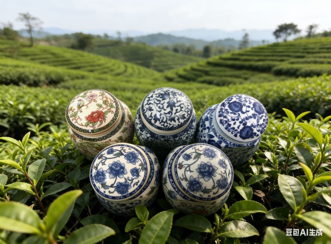青と白の花柄 陶器容器セット お茶入れ