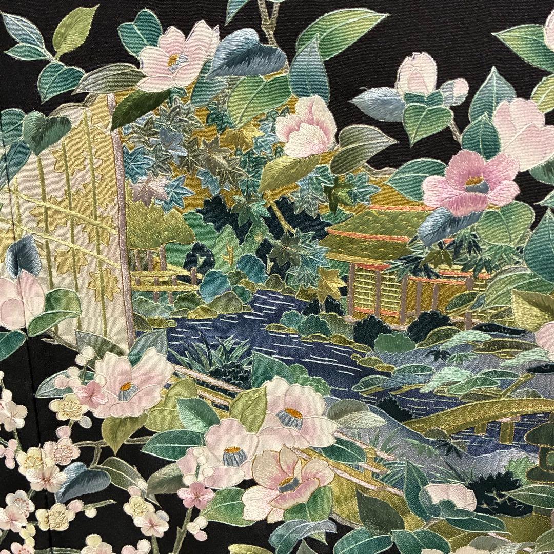 D6 黒留袖 総刺繍 蘇州刺繍 花模様 正絹 着物 袷 美品