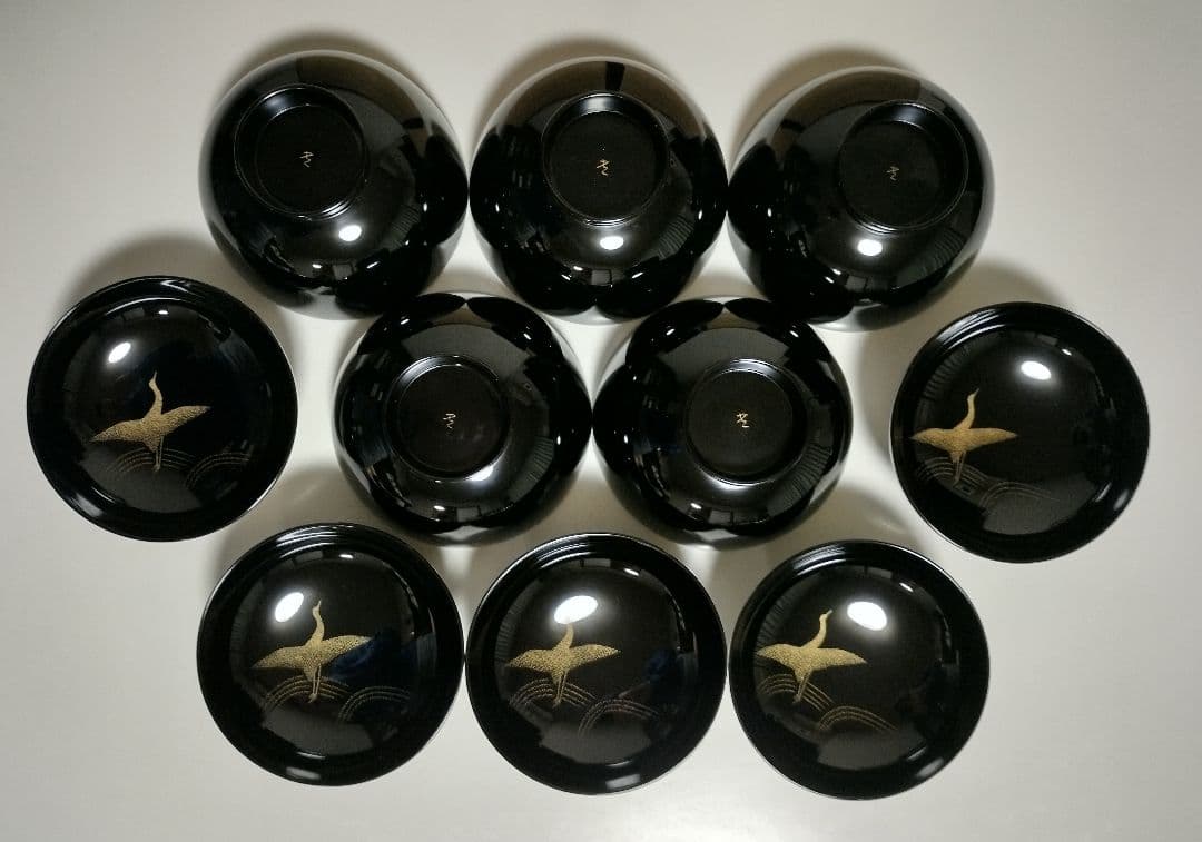 輪島塗　千羽鶴沈金　吸物椀　5客セット　作家もの　 三谷吾一