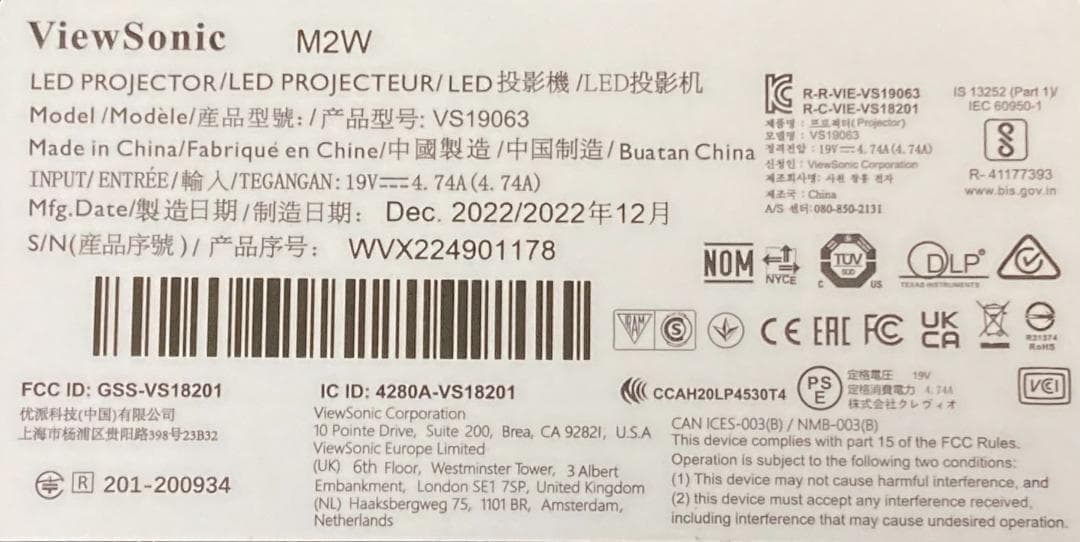 ★良品★ViewSonic M2W LEDプロジェクター Bluetooth