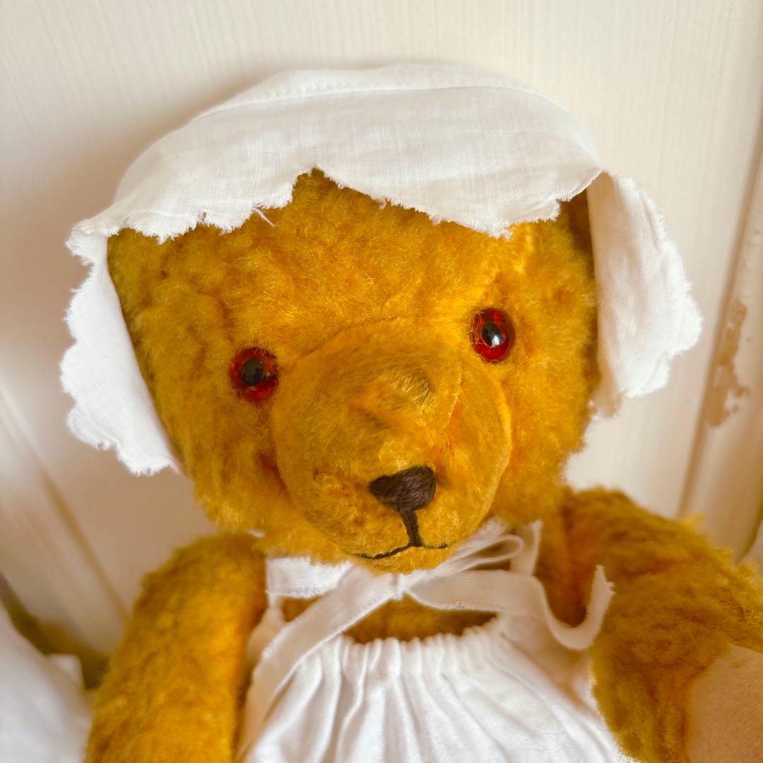 最終ʕ•ᴥ•ʔ アンティークベア　ボネエプロン付き　アンティークテディベア