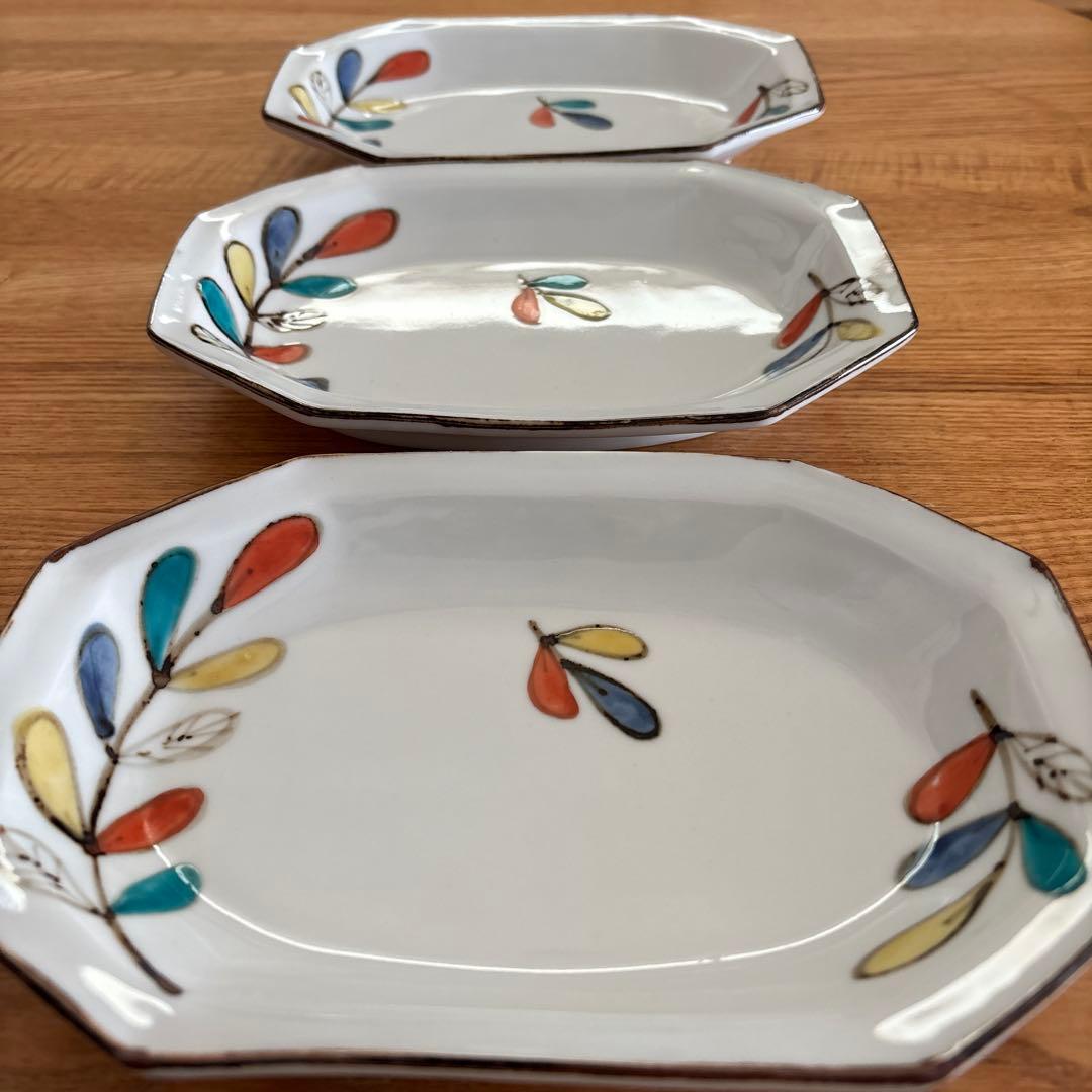 九谷青窯/高祥吾/色絵遊び/葉隅切り/長皿/3枚