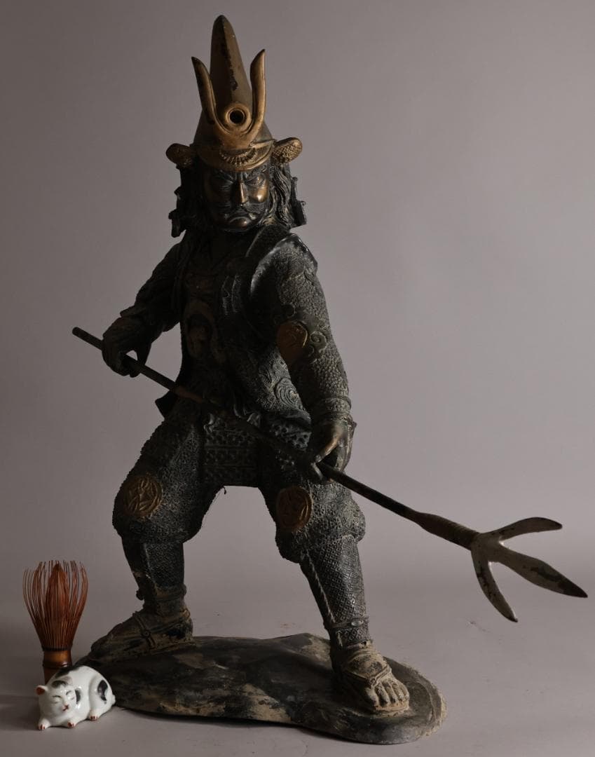 時代金工　明治期　ブロンズ像　加藤清正　薙刀　置物　床飾　高58㎝　BK091