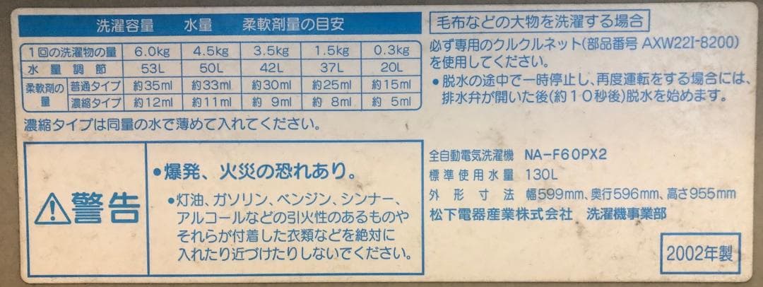 【動作良好・送料込】ナショナル(現パナソニック) 全自動洗濯機 6kg