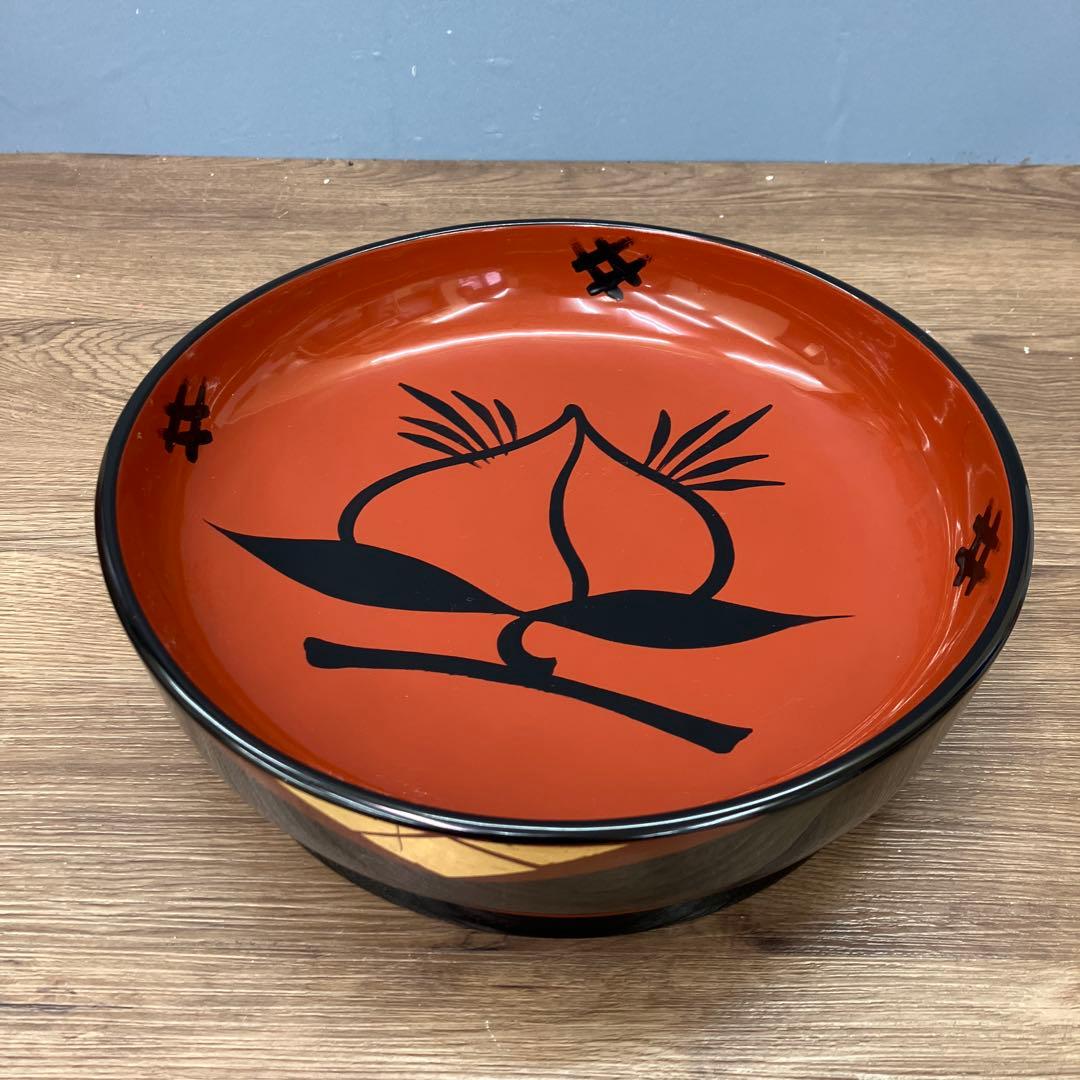 D-5 昭和レトロ 水澤本製 漆器 菓子鉢 平鉢 桃 縁起物 金彩 木製 供物台