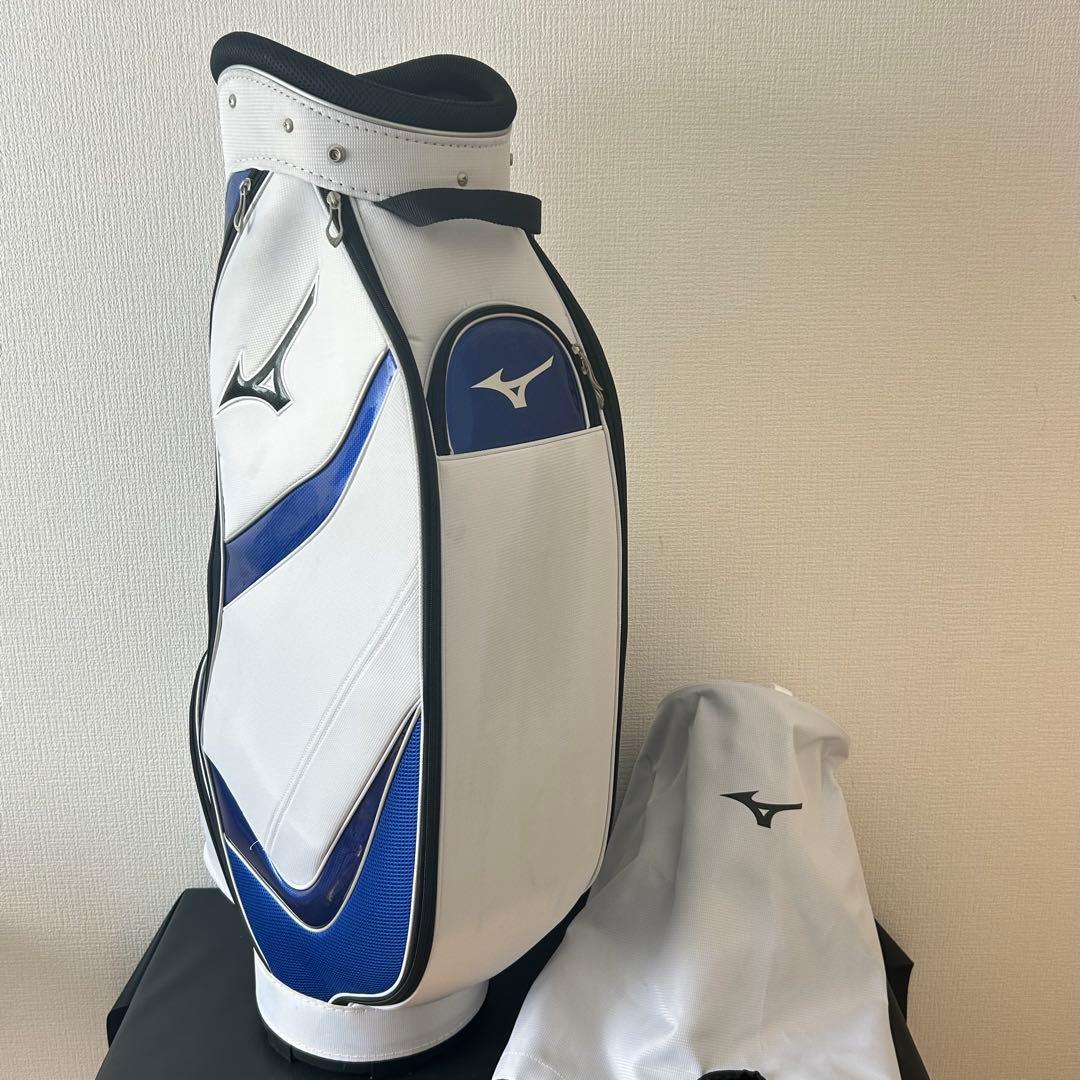 ミズノ キャディバッグ 白×青 タグ付き 未使用品 フード付 一部汚れ有