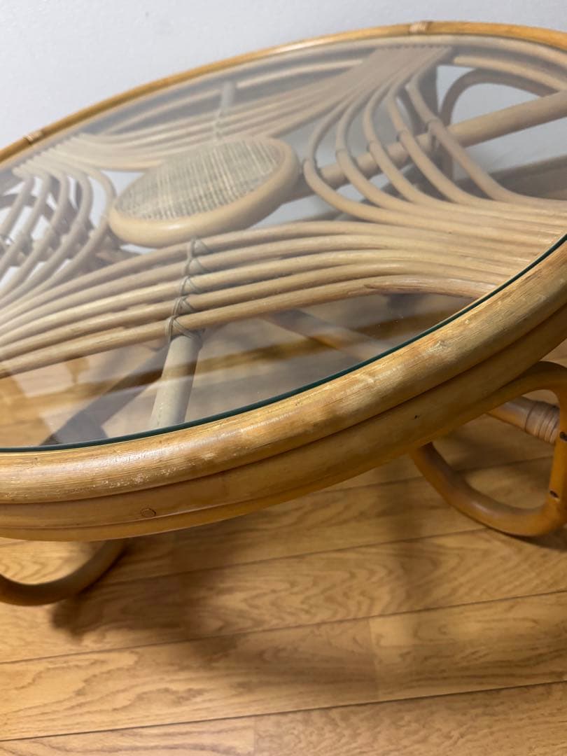 昭和レトロ ヴィンテージ ラタンラウンドテーブル 籐家具 ガラス天板