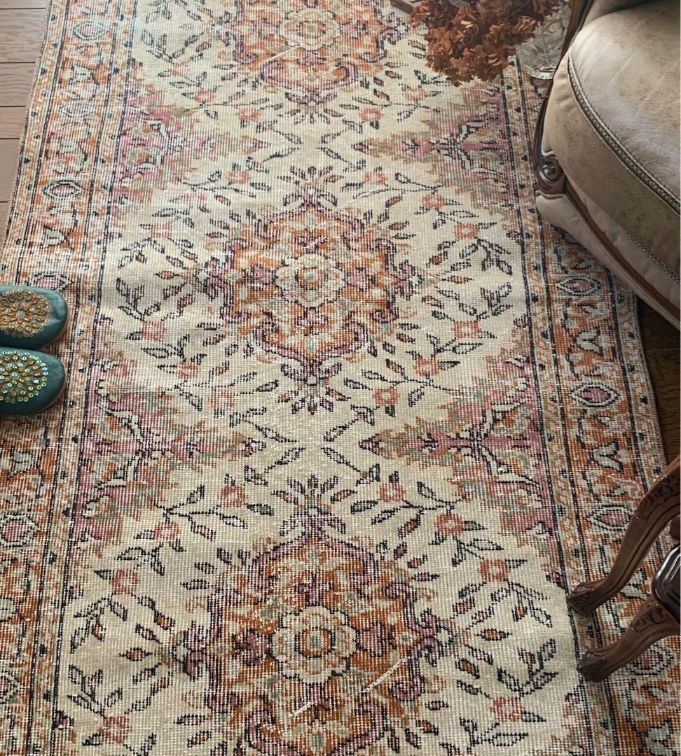 ペールオレンジ200×97 フラワーメダリオン　トルコヴィンテージラグ