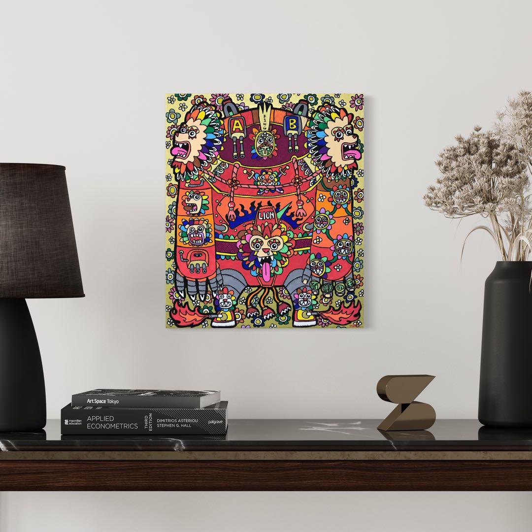 絵画　アート　原画　インテリア　花　ライオン　動物　カラフル　ロボット　赤　金