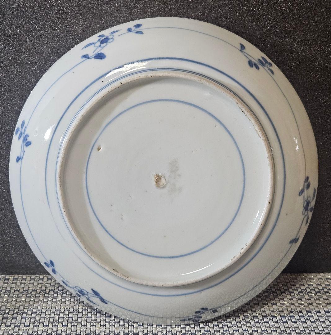 【名品❗】江戸時代前期〜中期　藍九谷様式 鮎の図　16.8cm皿　皿裏　唐草文様