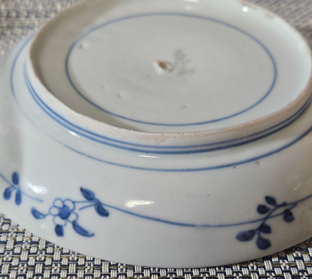 【名品❗】江戸時代前期〜中期　藍九谷様式 鮎の図　16.8cm皿　皿裏　唐草文様