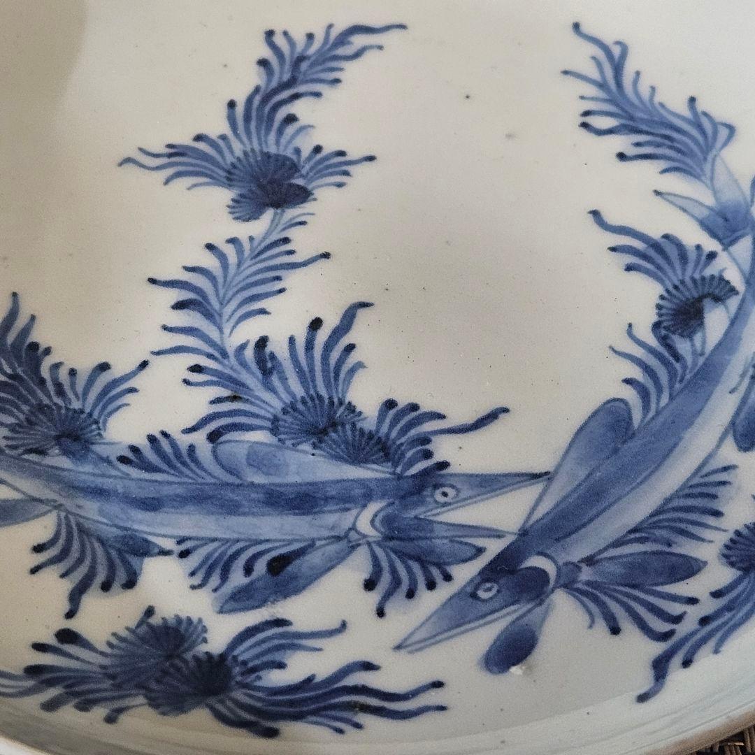 【名品❗】江戸時代前期〜中期　藍九谷様式 鮎の図　16.8cm皿　皿裏　唐草文様