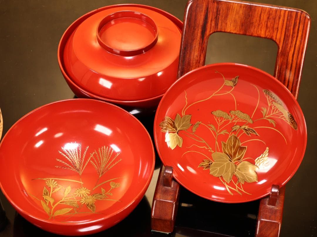 BK422　時代輪島塗　草花図金蒔絵　吸物椀　二客　木製　茶道具 懐石 菓子