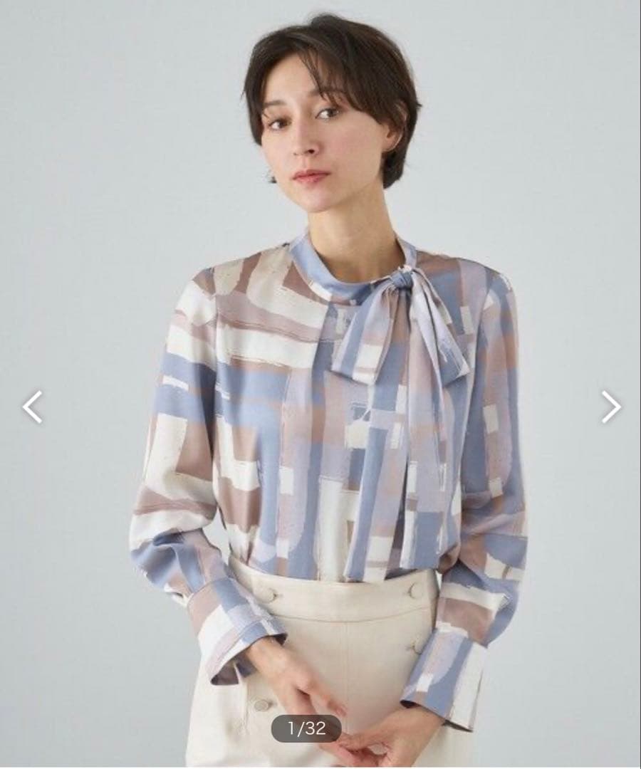 ◆極美品◆ANAYI◆スクエア幾何プリントサイドボウタイブラウス◆パープル◆S