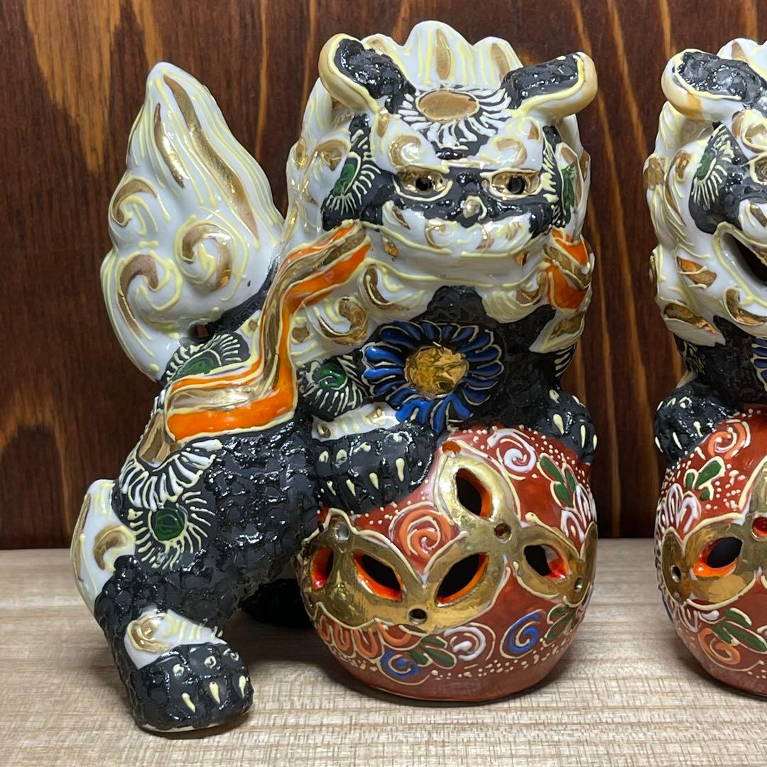 【願いが叶う】【魔除け 守護】【 九谷焼】唐獅子4.5号 黒色 シーサー 狮子