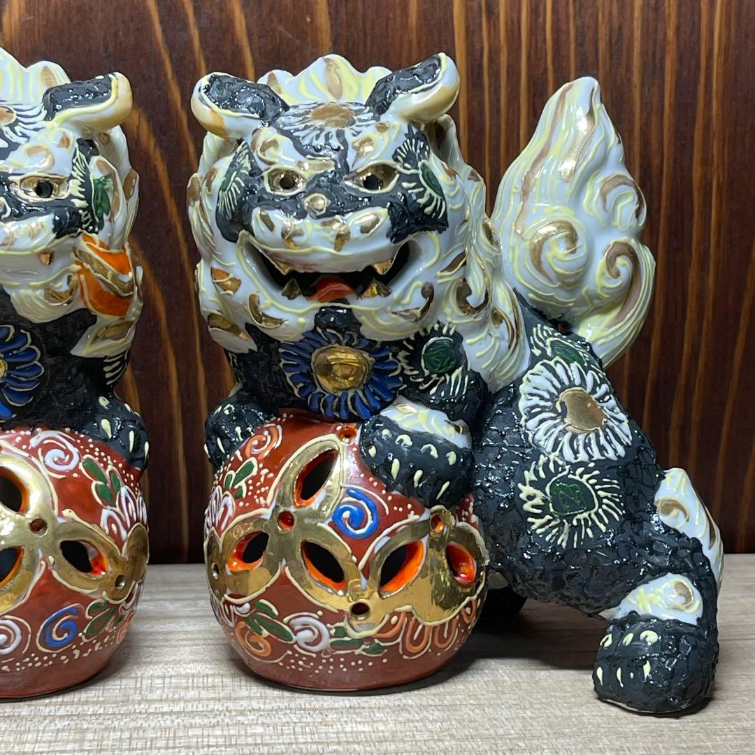【願いが叶う】【魔除け 守護】【 九谷焼】唐獅子4.5号 黒色 シーサー 狮子
