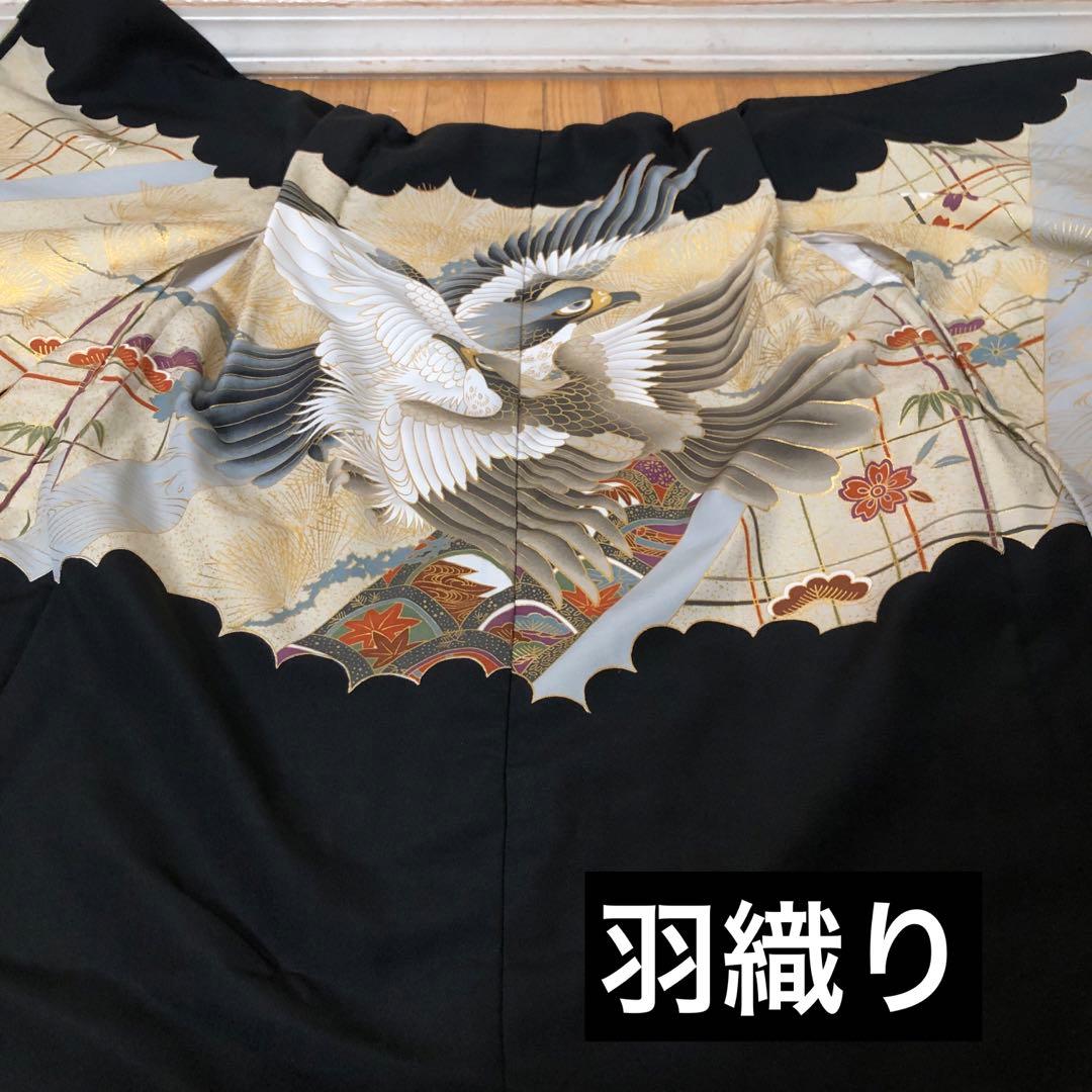 七五三 五歳‼️黒地にクリーム系 鷹 金箔金彩‼️完全フルセット‼️家から揃え無し