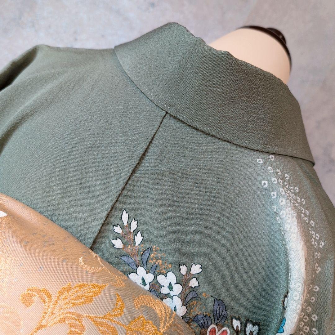 訪問着　フルセット　着物　正絹　緑　金　花　華やか　祝い事　D2