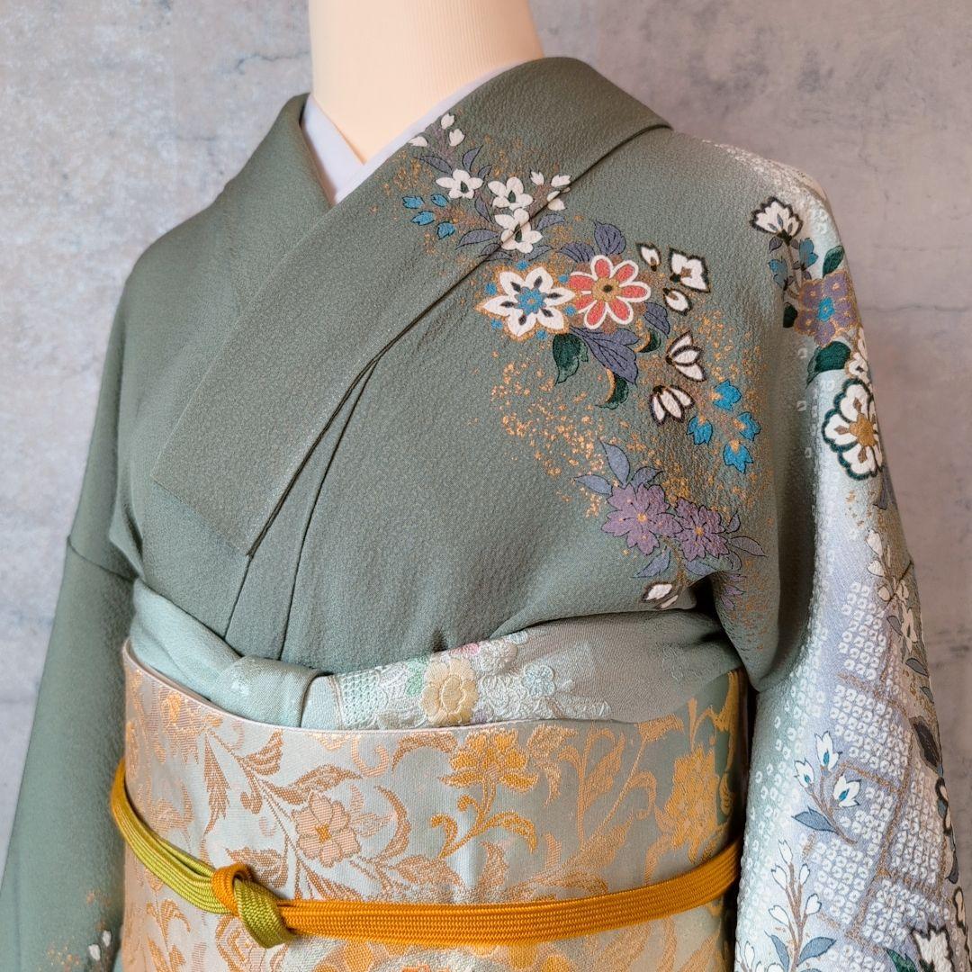 訪問着　フルセット　着物　正絹　緑　金　花　華やか　祝い事　D2