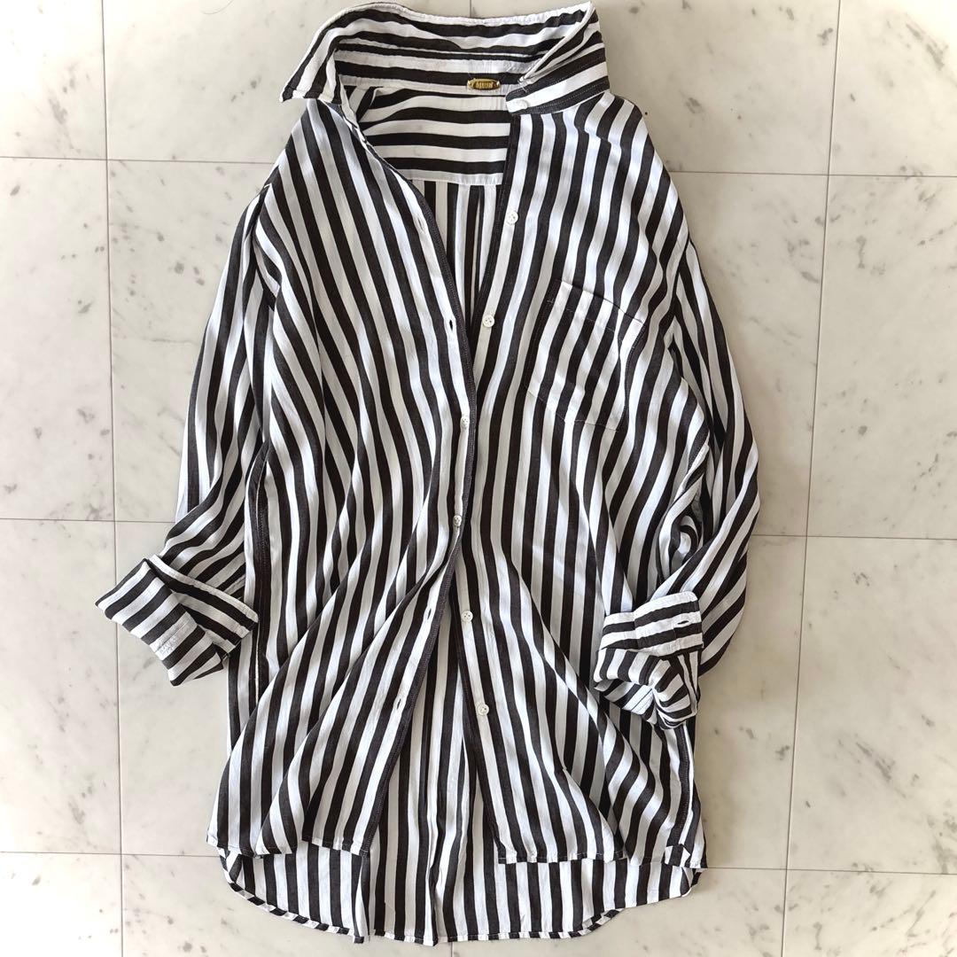 美品 ミューズドゥ ドゥーズィエムクラス シルク混 ストライプシャツ ブラック