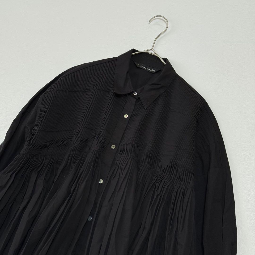 人気✨ ミズイロインド　ピンタック　ブラウス　チュニック丈 ゆったり　黒