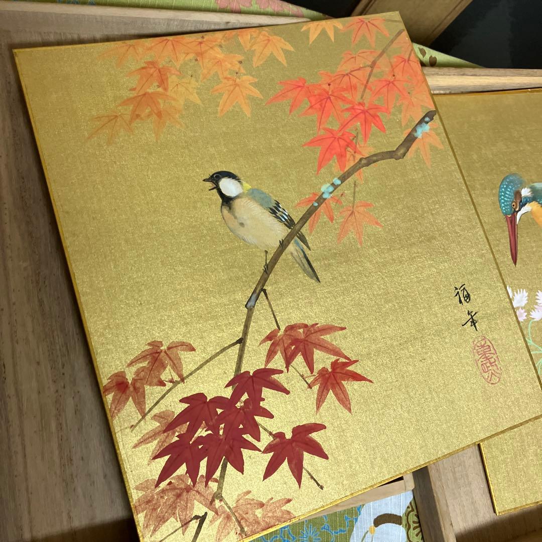 花鳥画色紙四枚　日本画家「小西福年」作