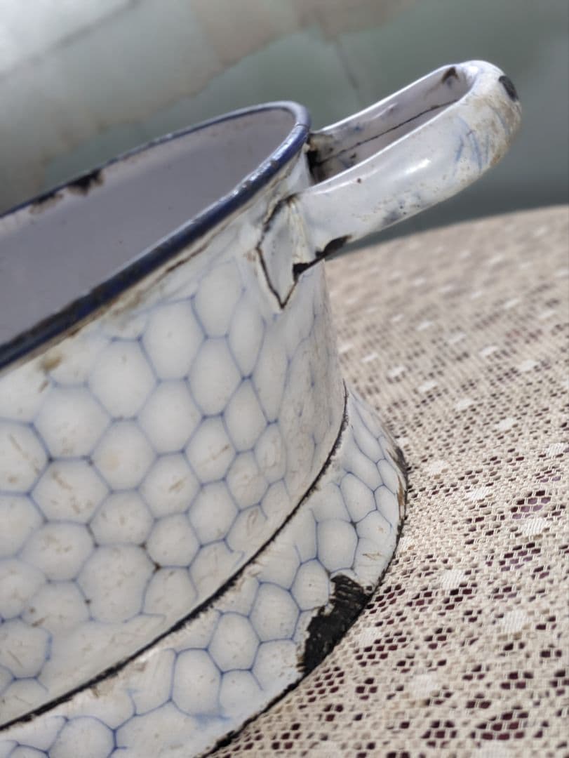 フランスアンティーク ホーローコランダー ハニカム柄 エナメルコート