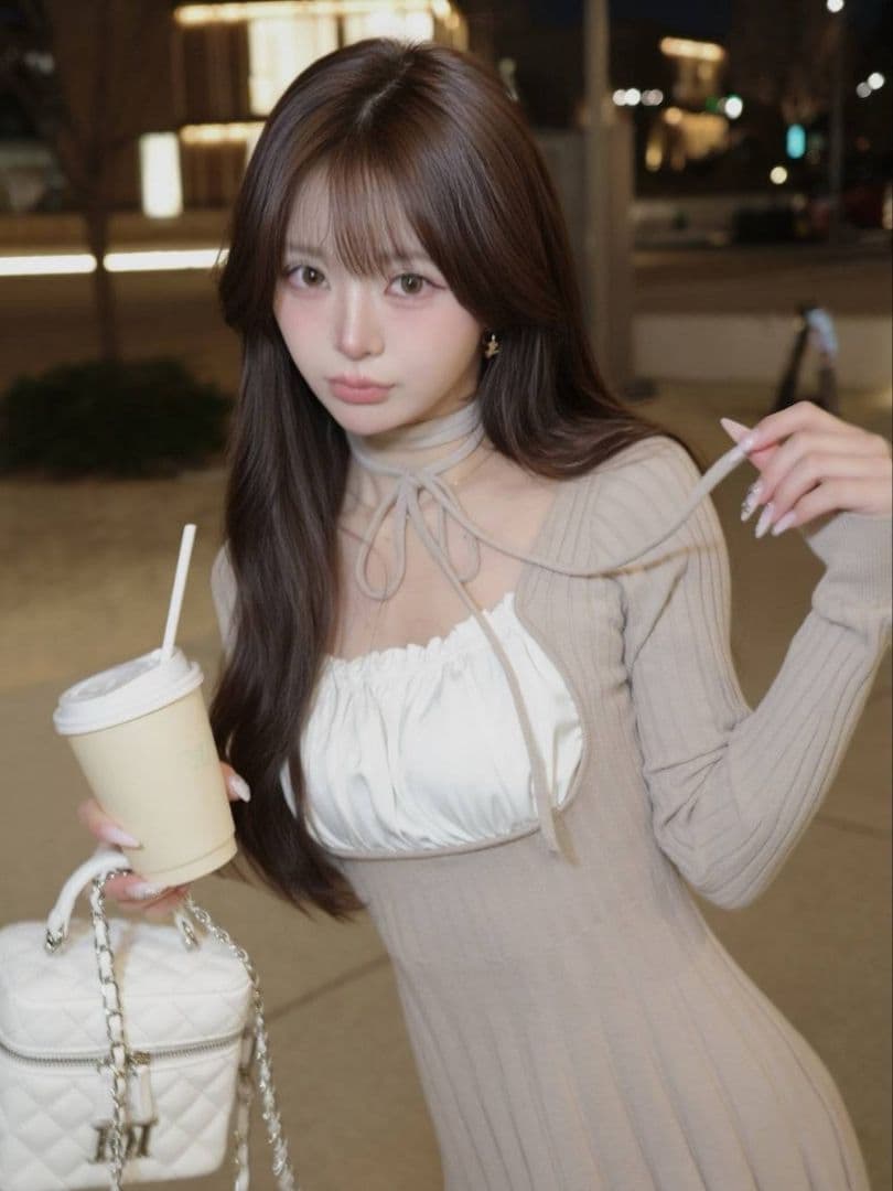 ダーリッチ パフスリーブリボンフレアニットミニワンピース ベージュ