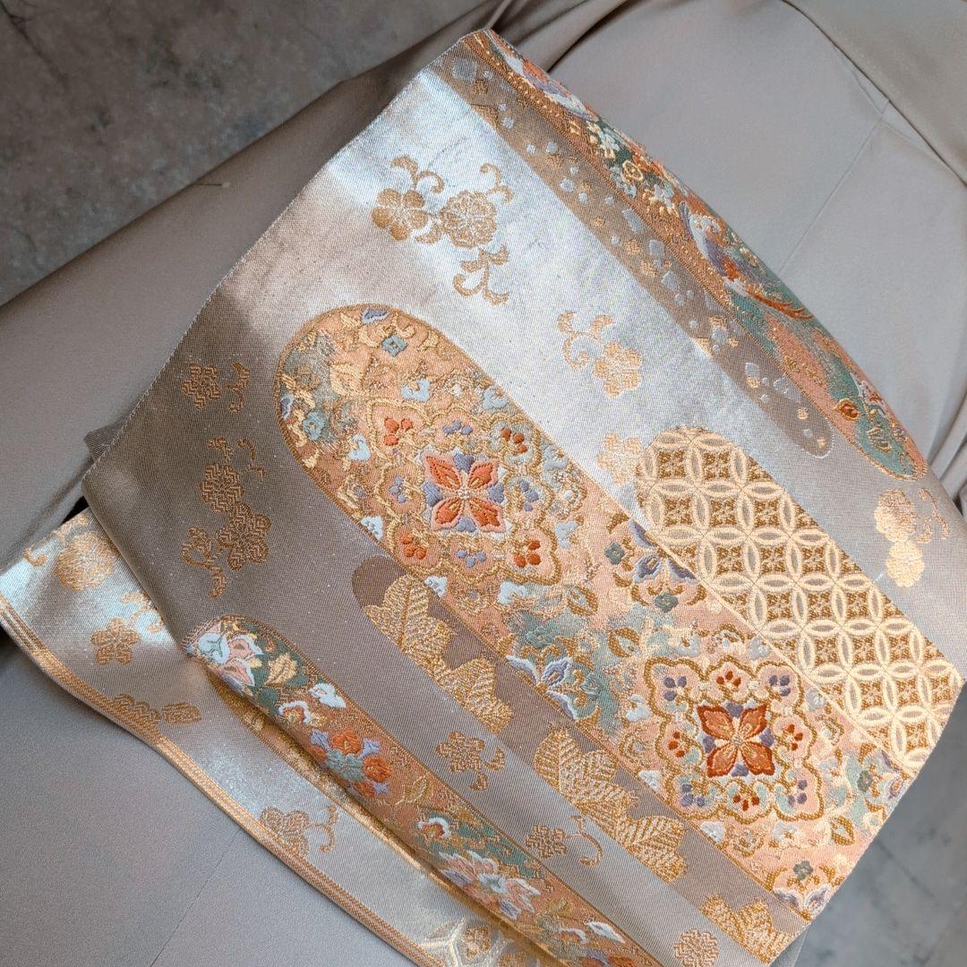 訪問着　フルセット　着物　正絹　加賀友禅　虫食い　淡いベージュ　枝葉　落款O2