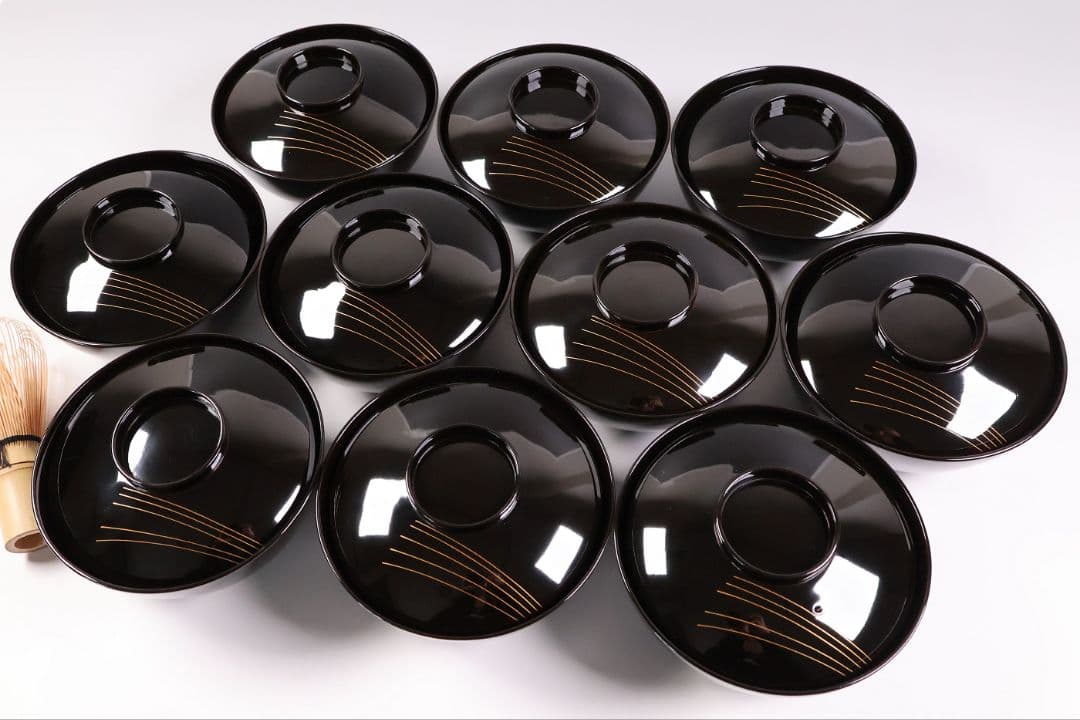 【MB179】金沢塗師 久世双〇 熨斗と折り鶴 金蒔絵 吸物椀 十客 天然木漆塗