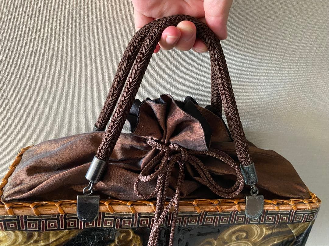 【新品】一閑張り　獅子×龍神　かごバッグ　一貫張　着物用バッグ