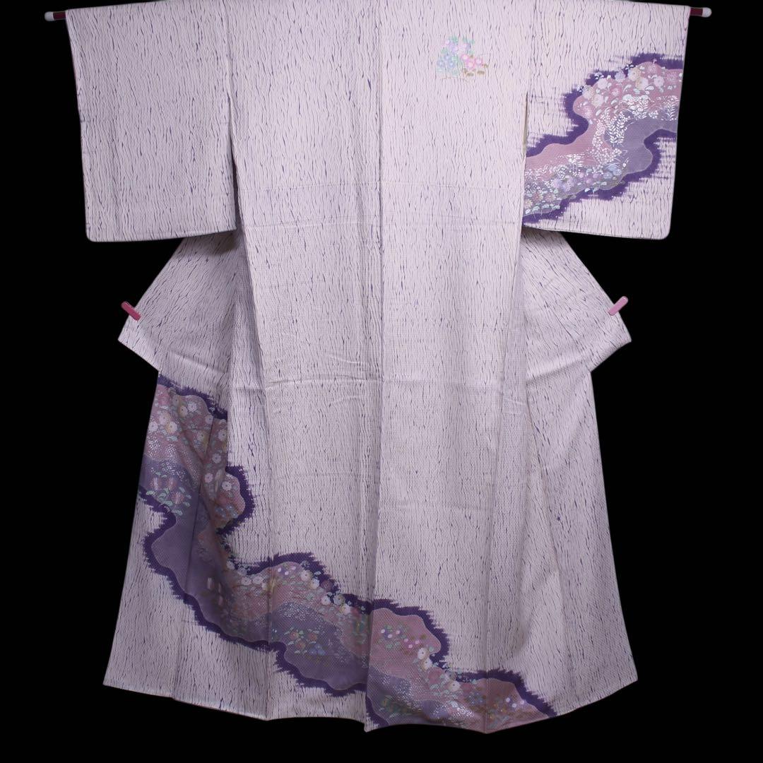 美品　板締め絞り菊模様訪問着/裄65 白　紫　ピンク　d14