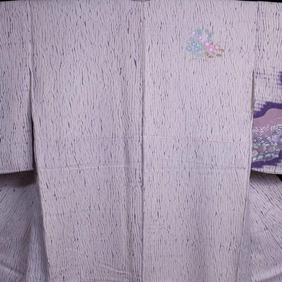 美品　板締め絞り菊模様訪問着/裄65 白　紫　ピンク　d14