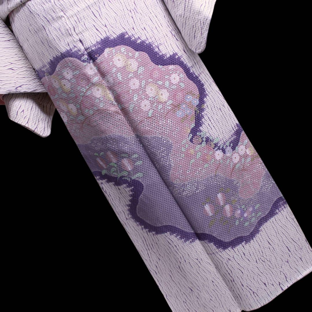 美品　板締め絞り菊模様訪問着/裄65 白　紫　ピンク　d14