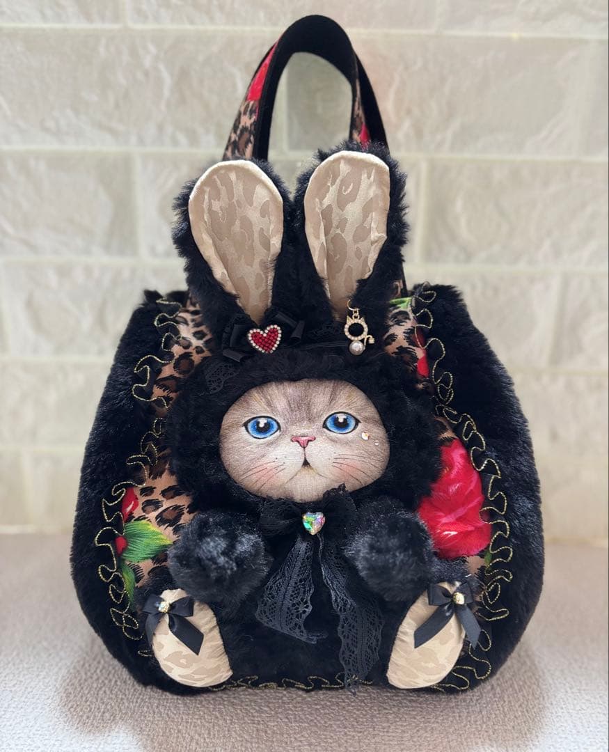 牡*❁様 コヤンイサムチョン　ハンドメイド　ファーバッグ　ヒョウ柄黒　ルミちゃん