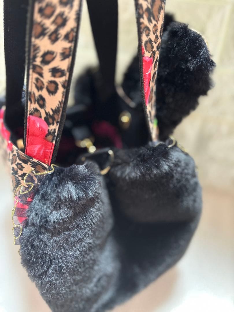 牡*❁様 コヤンイサムチョン　ハンドメイド　ファーバッグ　ヒョウ柄黒　ルミちゃん