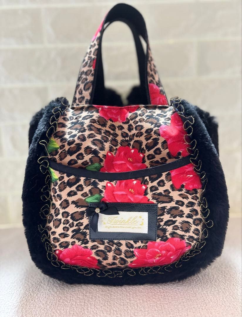 牡*❁様 コヤンイサムチョン　ハンドメイド　ファーバッグ　ヒョウ柄黒　ルミちゃん