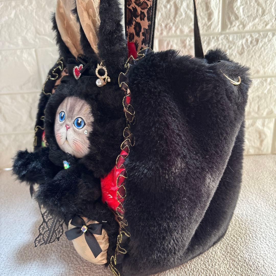 牡*❁様 コヤンイサムチョン　ハンドメイド　ファーバッグ　ヒョウ柄黒　ルミちゃん
