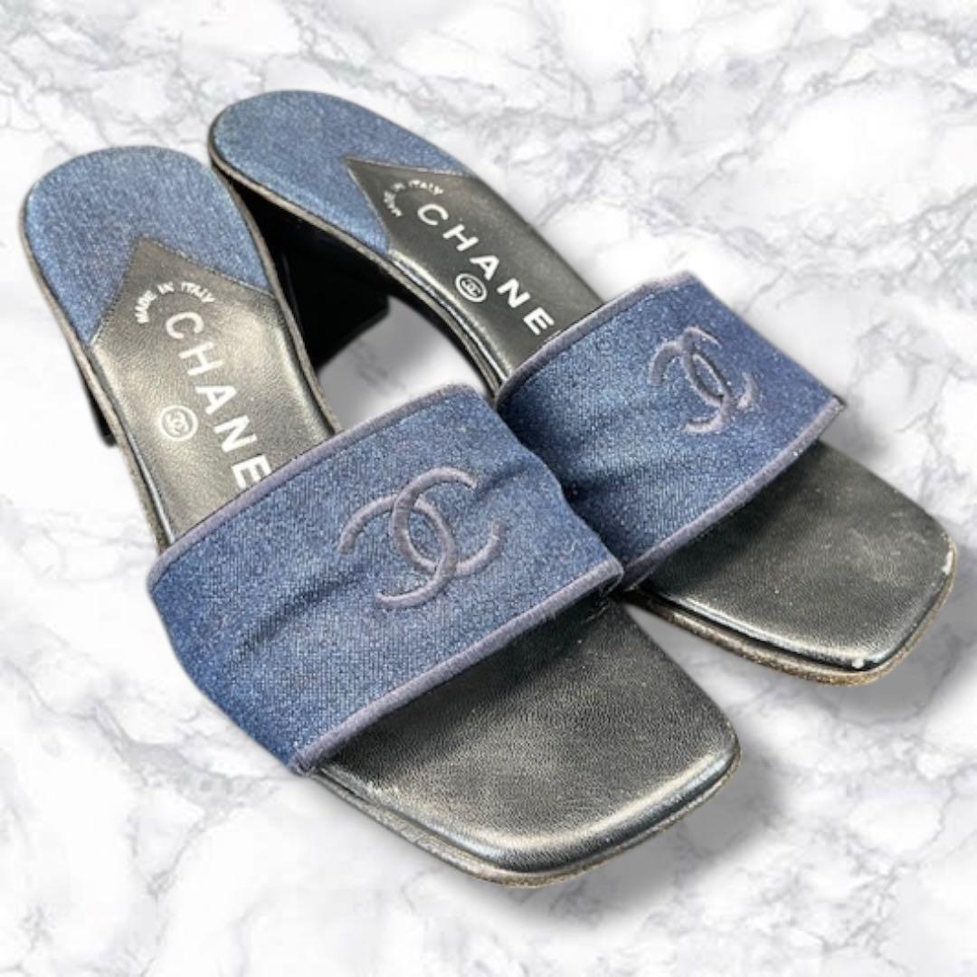 美品 シャネル ミュール サンダル デニム レザー ブルー 36 ココマーク