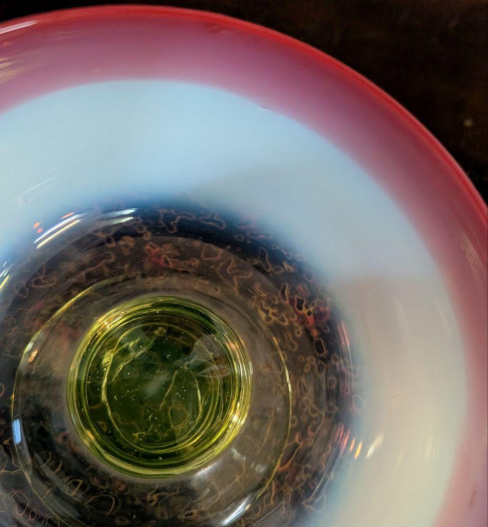 大正時代　三色　 乳白暈ガラス赤縁碗形氷コップ ウランガラス脚