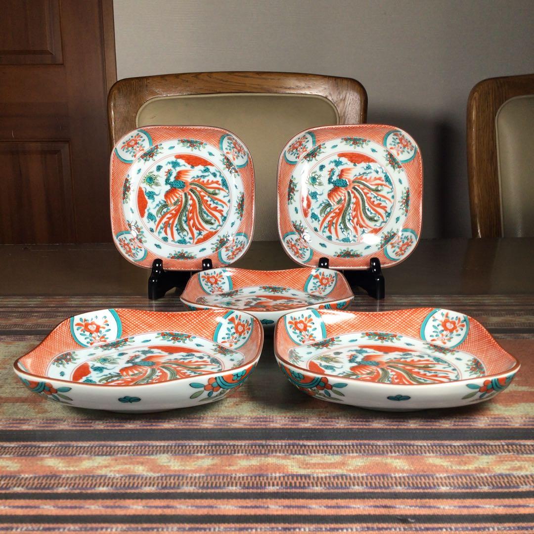 『フォロうー特価』　九谷焼　『赤呉須花鳥』　取皿　角深皿　5枚