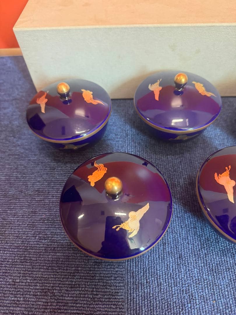 1882 香蘭社　瑠璃鶴亀　湯呑蓋付　5客　金彩　未使用