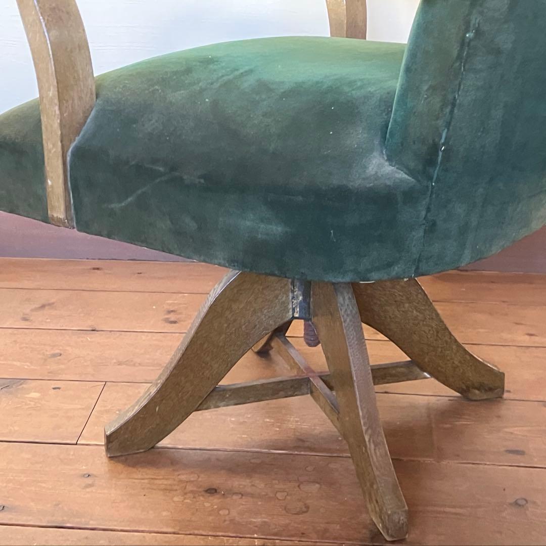 ドクターチェア 回転椅子 昭和レトロなグリーン 布地 スワベルアームチェア