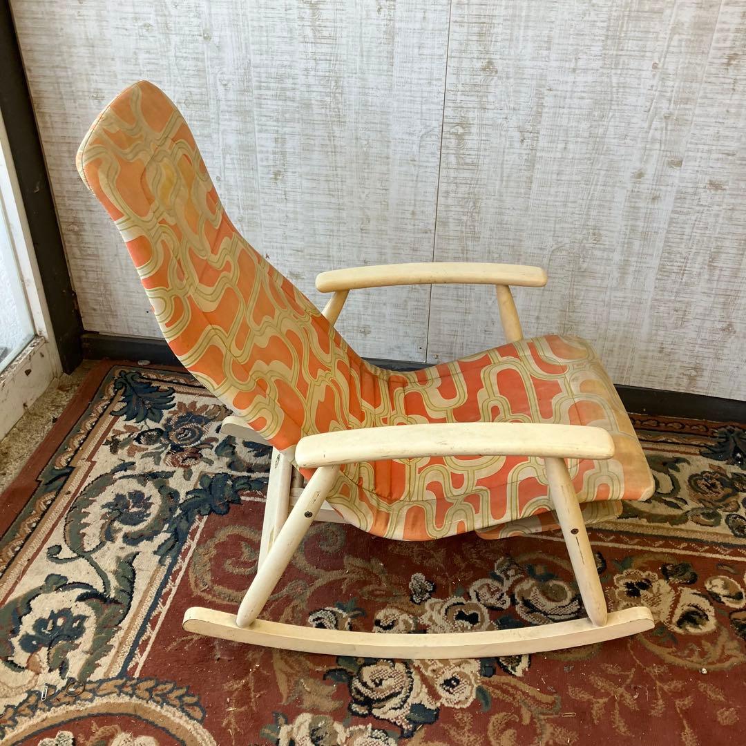 昭和レトロ 松田家具 幾何学柄 木製ロッキングチェア アームチェア ベントウッド