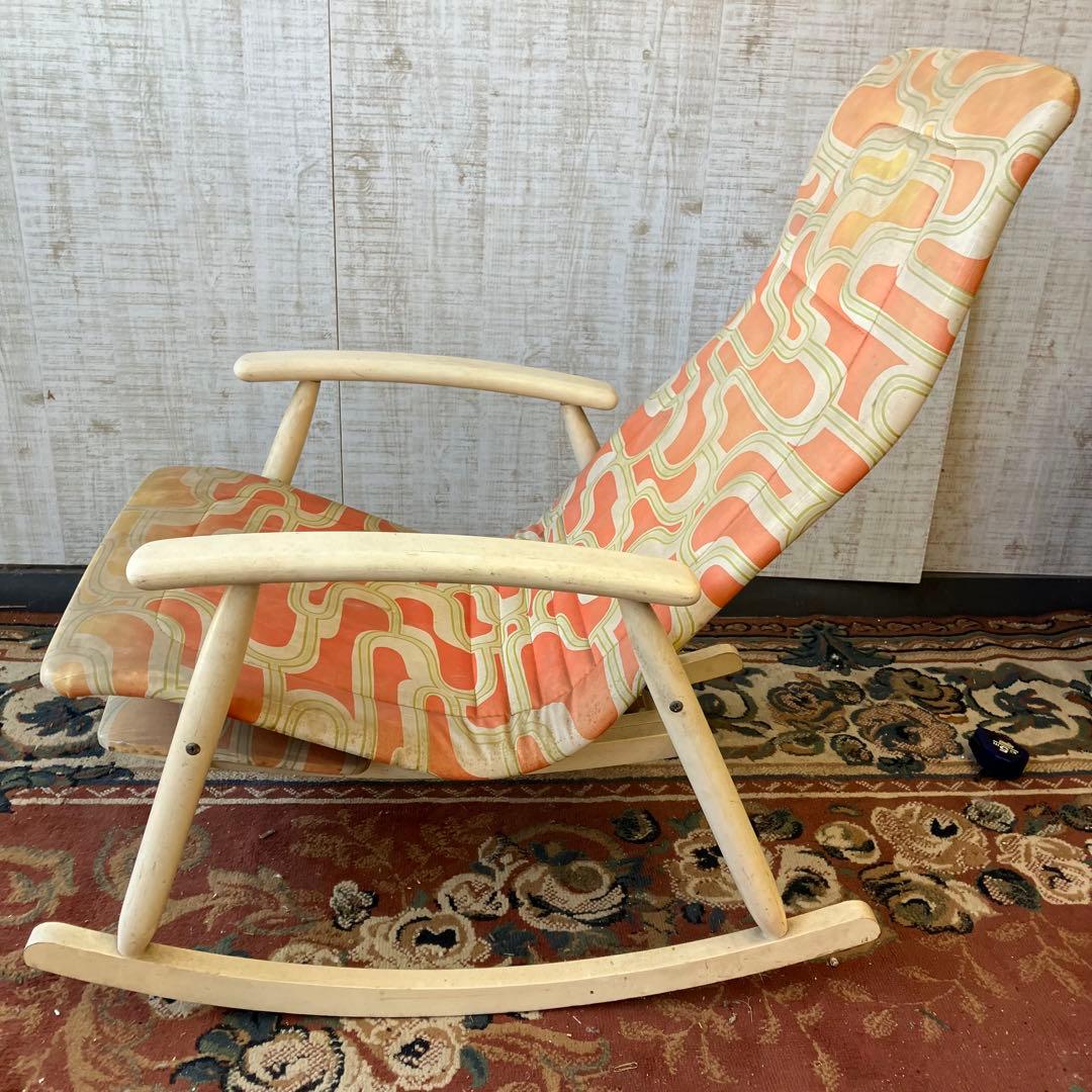 昭和レトロ 松田家具 幾何学柄 木製ロッキングチェア アームチェア ベントウッド