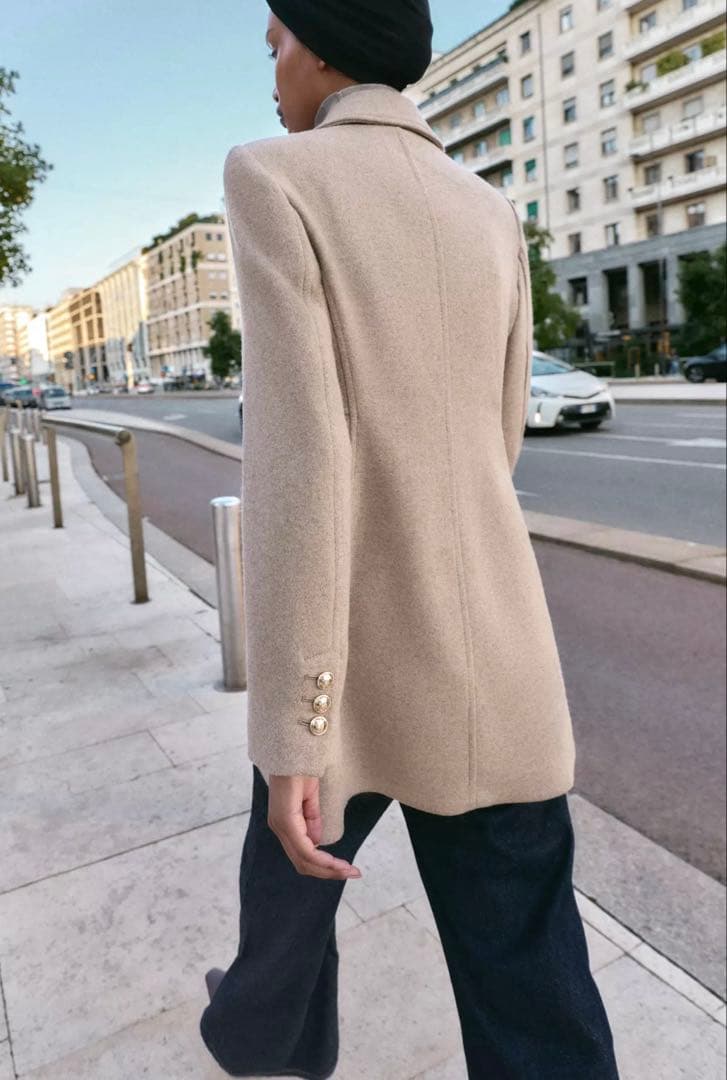 【ZARA】ザラ L ウール混紡 ショート丈ダブルブレストコート ライトミンク