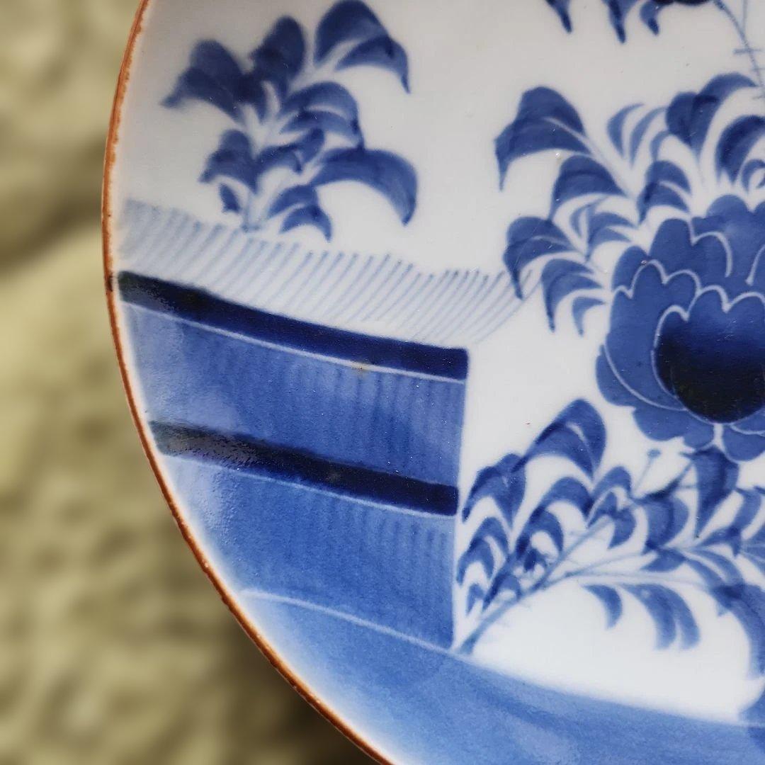 幕末染付け垣根蝶々牡丹花手書き皿　5皿セット